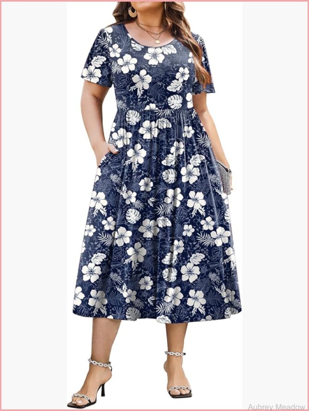 Plus Size Loose Short Sleeve A-Line Midi Dress with Pockets